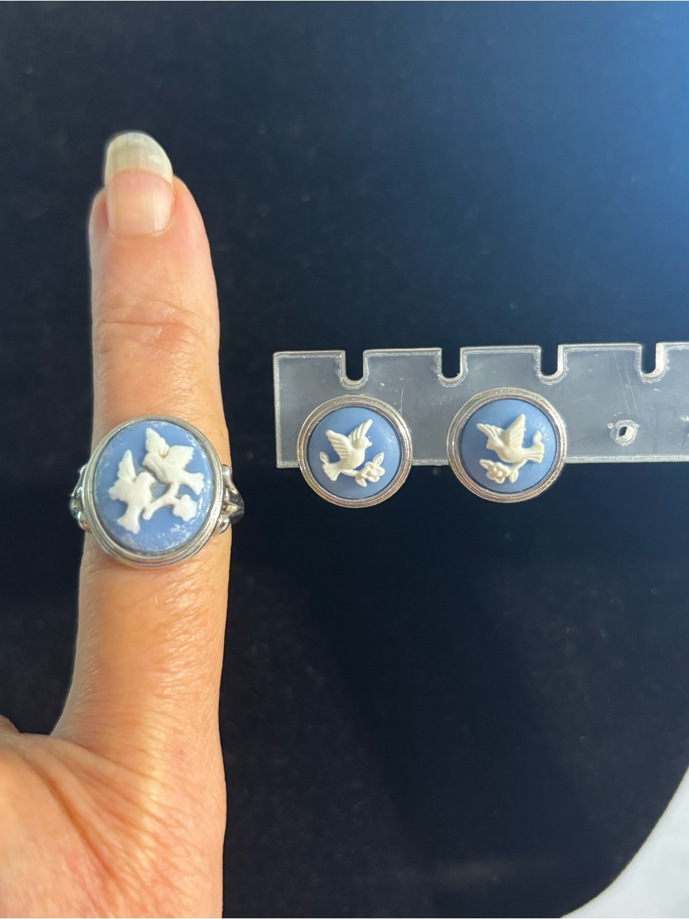 Vintage Avon Silver-Tone Dove Cameo Ring and Earring Set